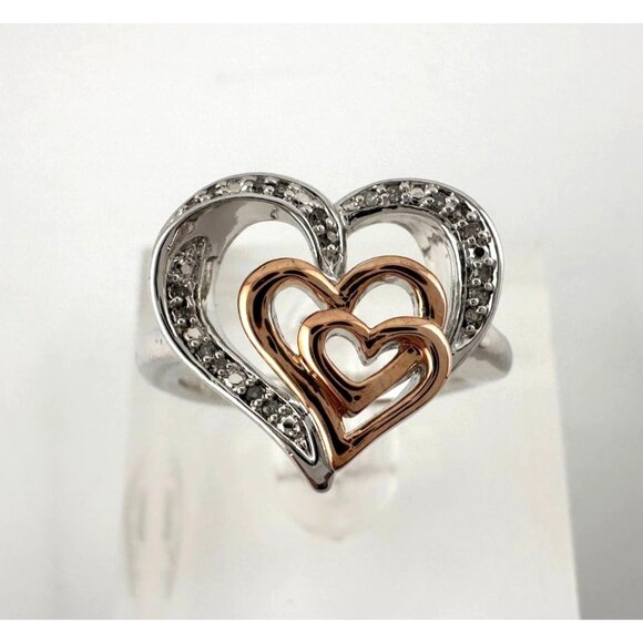 Natural Diamond Triple Heart Ring - Two Tone - Size 7.25 - Picture 7 of 16